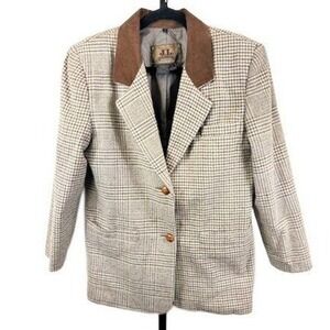 J.L. Colebrook Blazer Women's Small Brown Plaid Wool Suede Collar Jacket Vintage